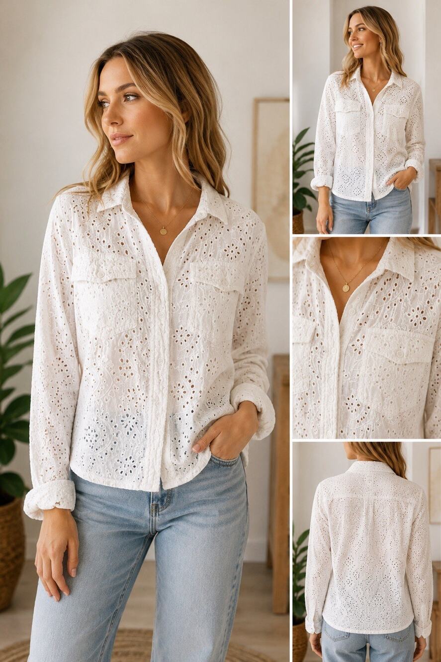 Tribal Jeans White Eyelet Button Front Shirt Small Cotton Linen Long Sleeve